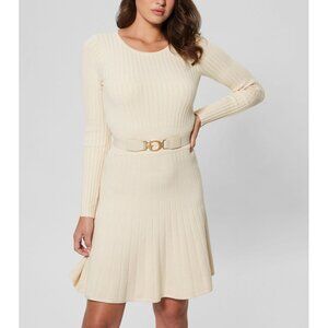 GUESS Womens Hana Belted Crew Neck Long Sleeve Modern Fit Dress Beige Size M NWT